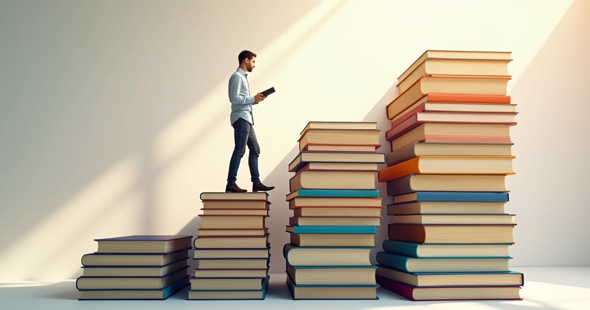 Degraus de uma escada de livros, com figura subindo representando aprendizagem constante