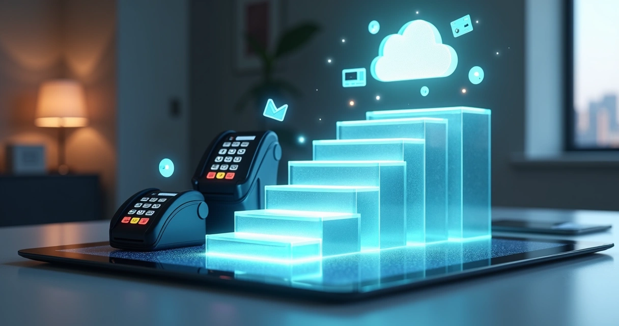 Escada digital iluminada ligando maquininhas a plataforma financeira em nuvem 