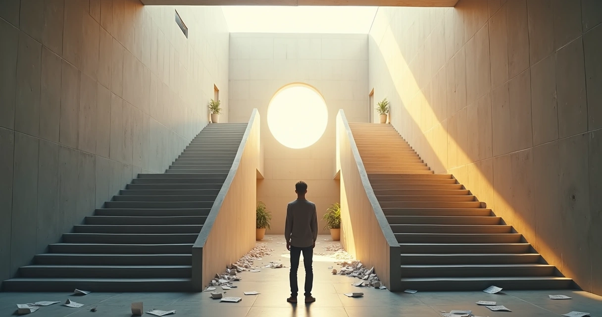 Pessoa diante de duas escadas iluminadas contrastando reação e reflexão 