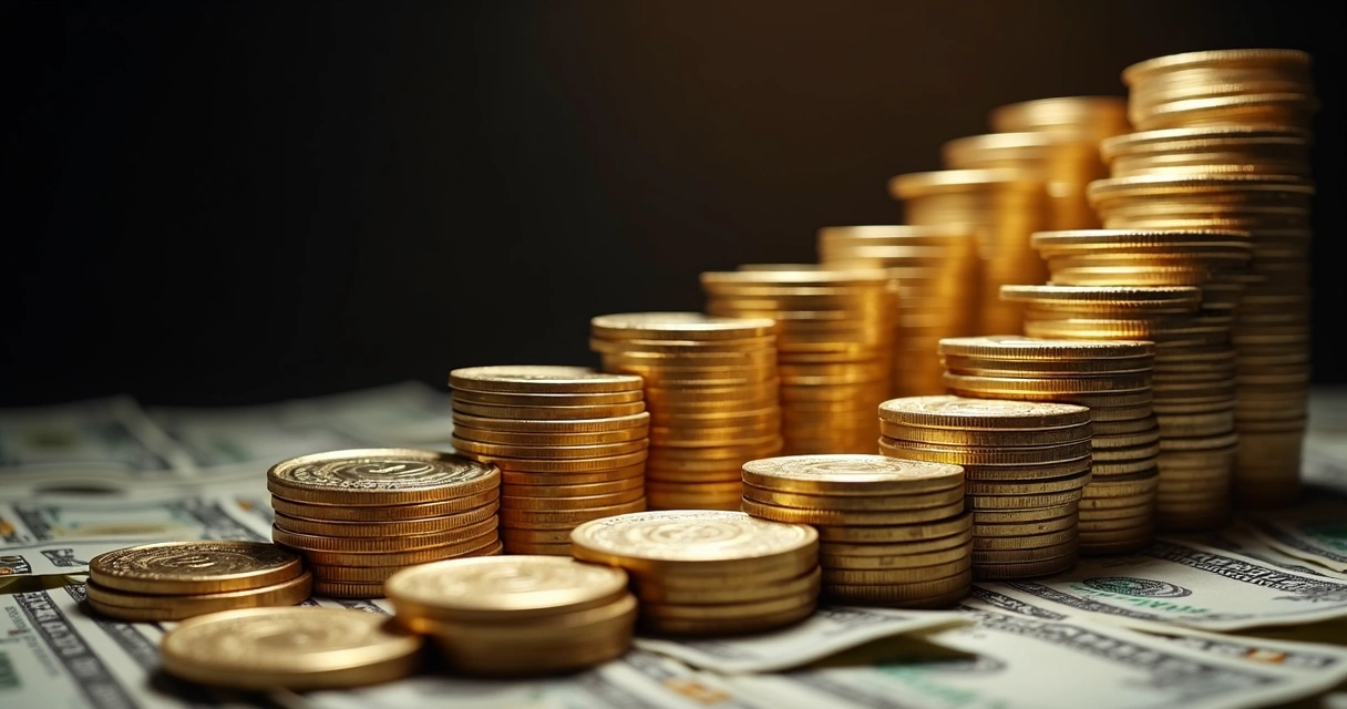 Escada feita de moedas subindo ao lado de pilhas de dinheiro. 