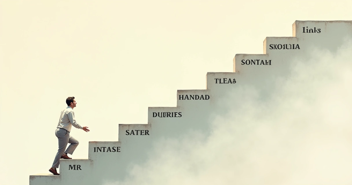 Pessoa subindo uma longa escada com degraus representando estágios de evolução emocional