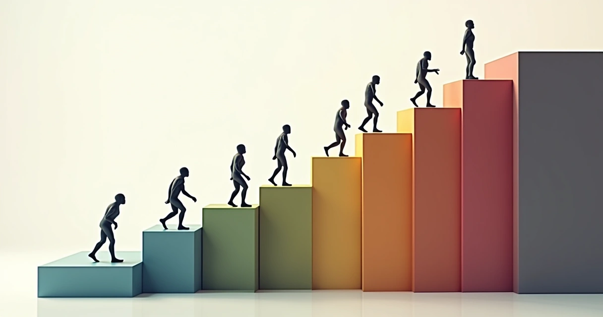 Ilustração de uma escada abstrata com nove degraus, cada degrau representando um nível de desenvolvimento humano 