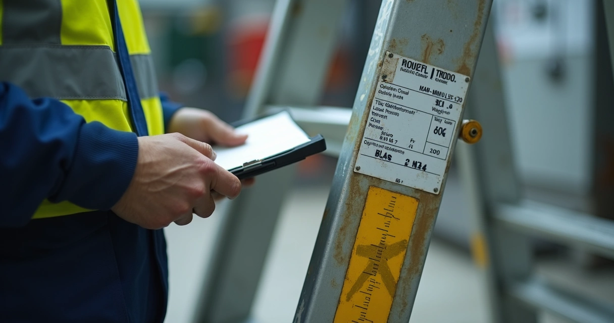 Escada portátil com etiqueta de identificação e trabalhador inspecionando equipamento
