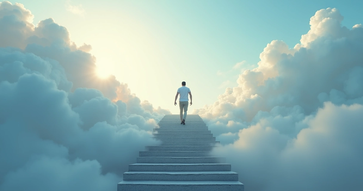 Pessoa subindo escada interminável cercada por nuvens 