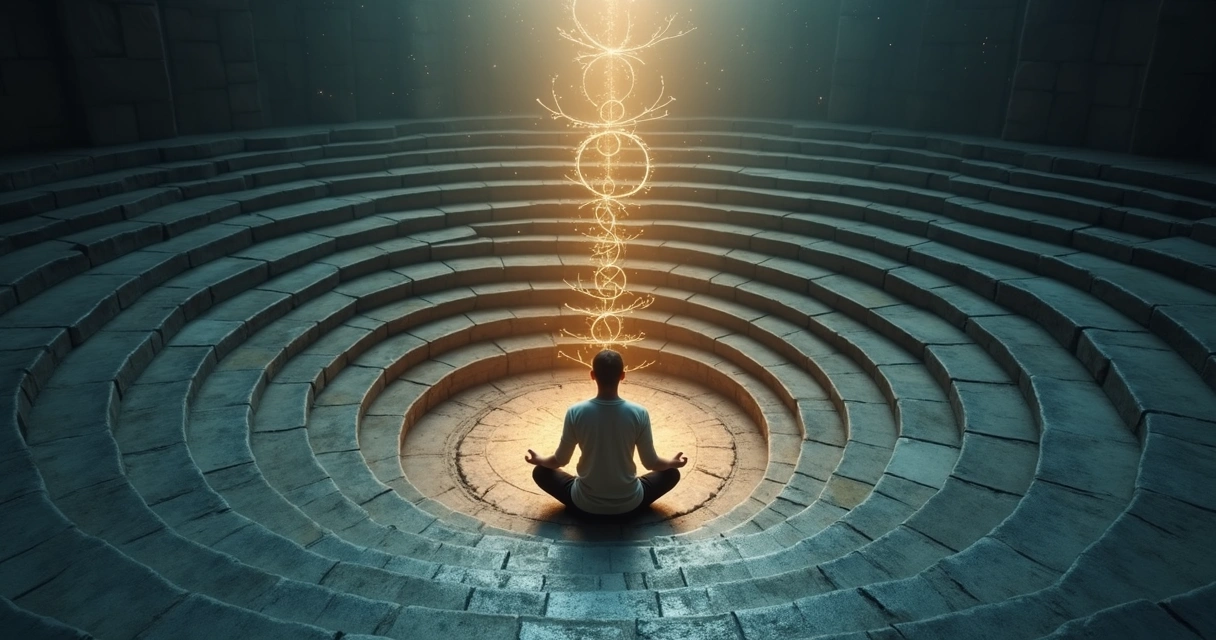 Pessoa sentada no centro de uma escadaria interna em espiral refletindo em ambiente escuro com pontos de luz 