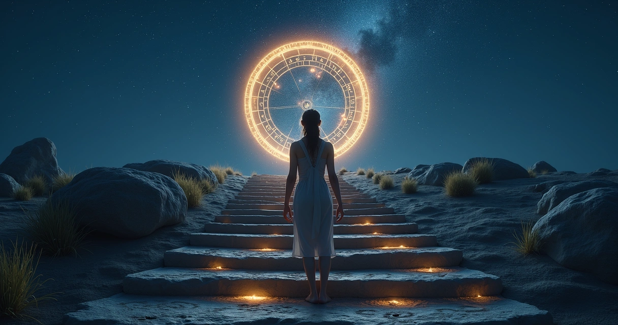 Mulher sobe escada luminosa diante de portal com mapa astral no céu noturno 