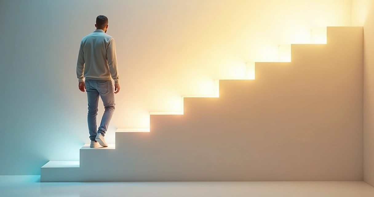 Pessoa subindo escada de luz representando estágios de maturidade emocional 