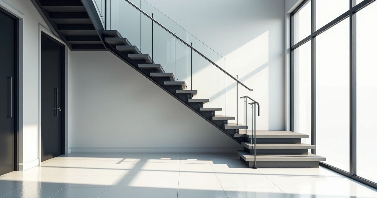 Escada metálica moderna com degraus flutuantes e corrimão em vidro, em ambiente interno sofisticado. 