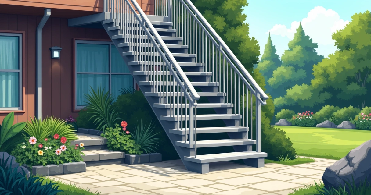 Escada metálica externa com degraus antiderrapantes e corrimão 