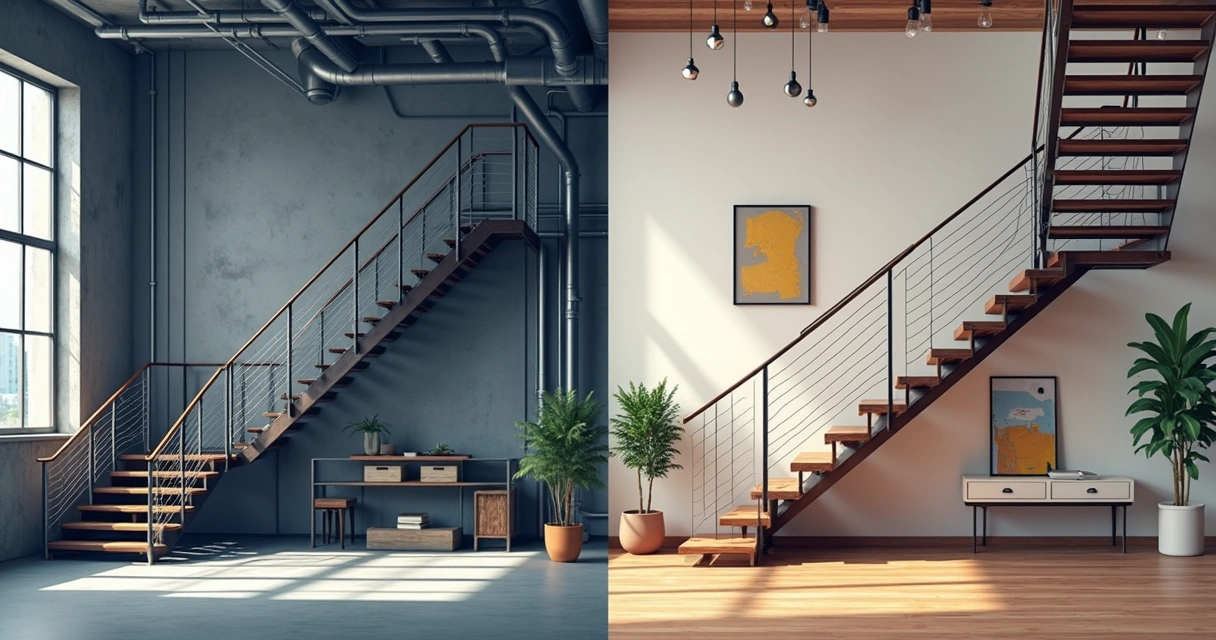 Escada metálica em ambiente industrial e outra em sala residencial sofisticada, lado a lado. 