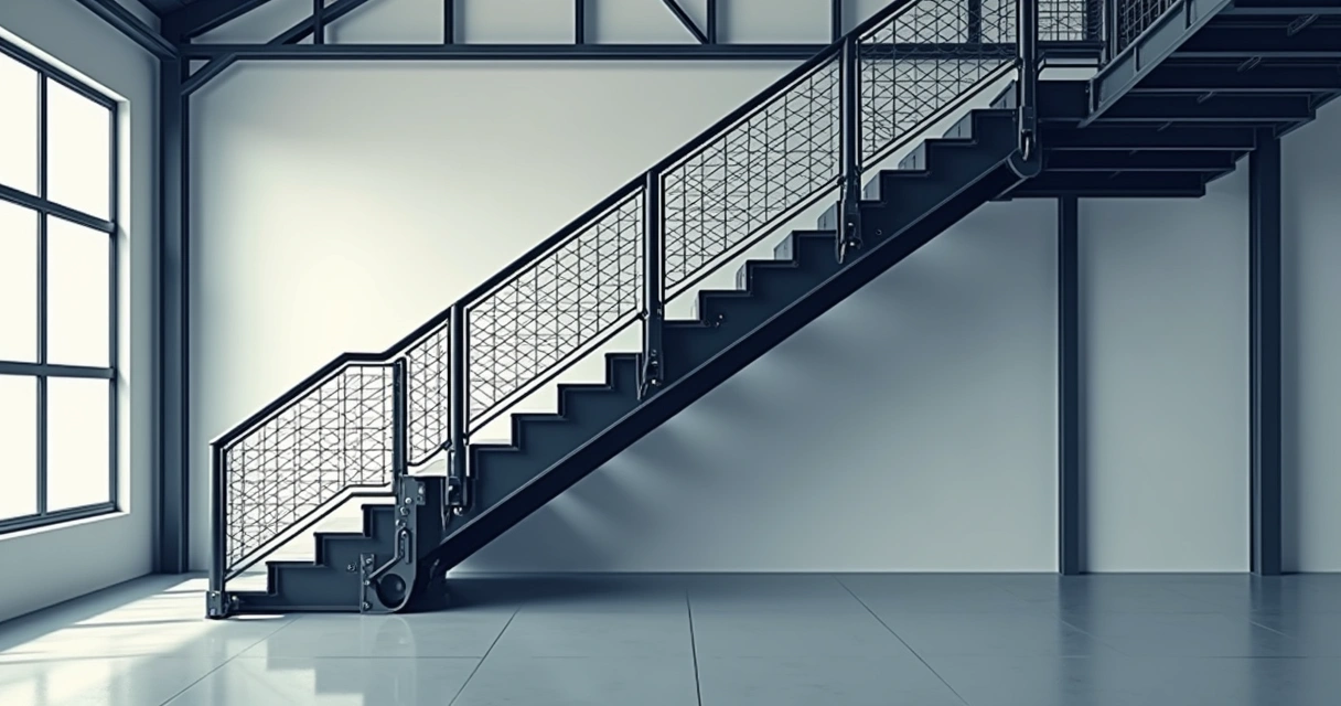 Escada metálica preta em ambiente industrial moderno 