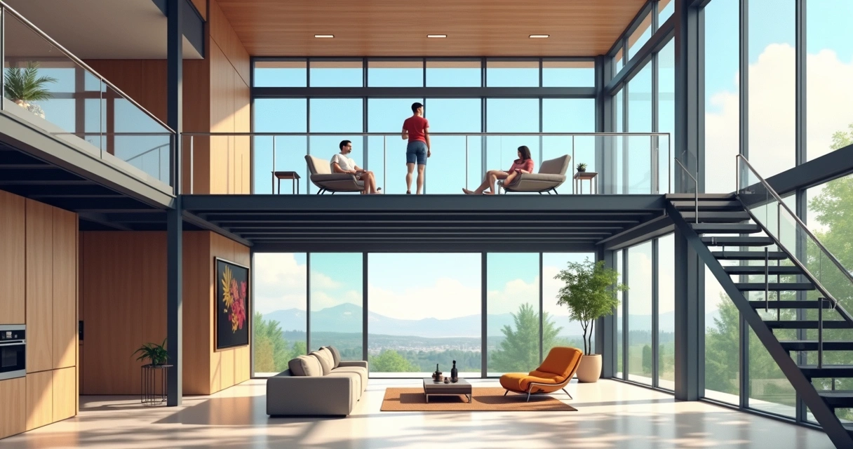 Mezanino e escada metálica moderna em residência 