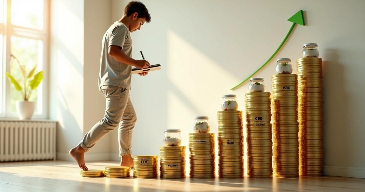 Pessoa subindo escada feita de moedas representando pequenos passos em investimentos 