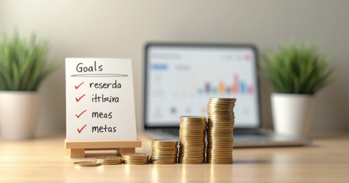 Pequenas moedas formando escada crescente ao lado de bloco de metas financeiras 
