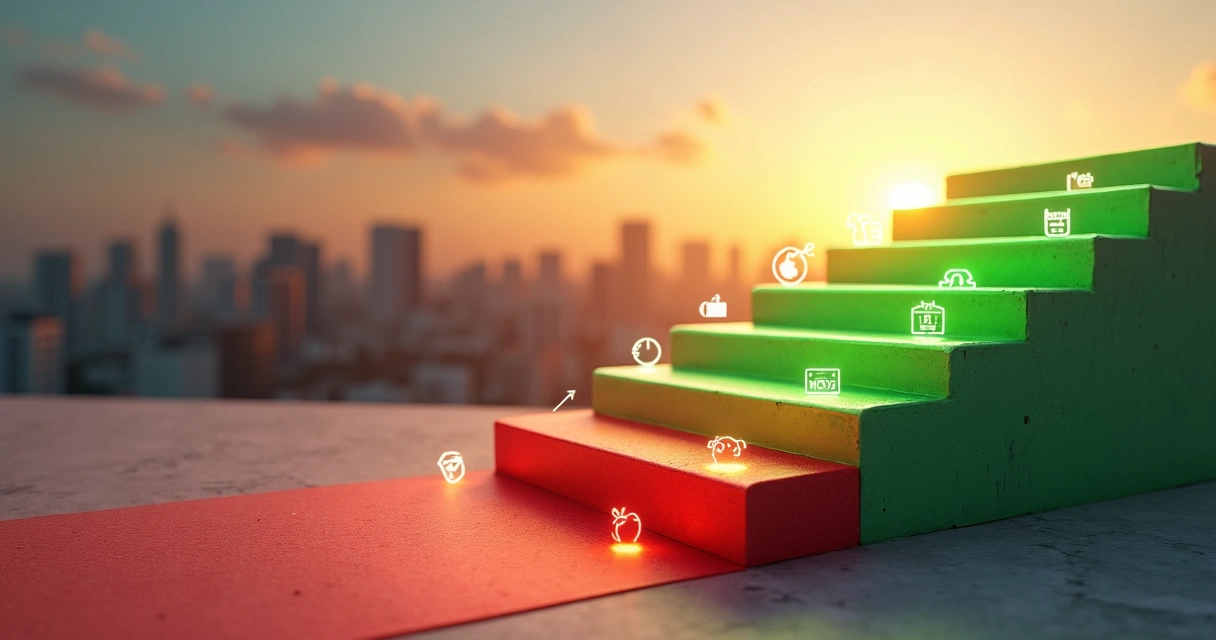 Gráficos vermelhos se transformando em degraus verdes de recuperação financeira 