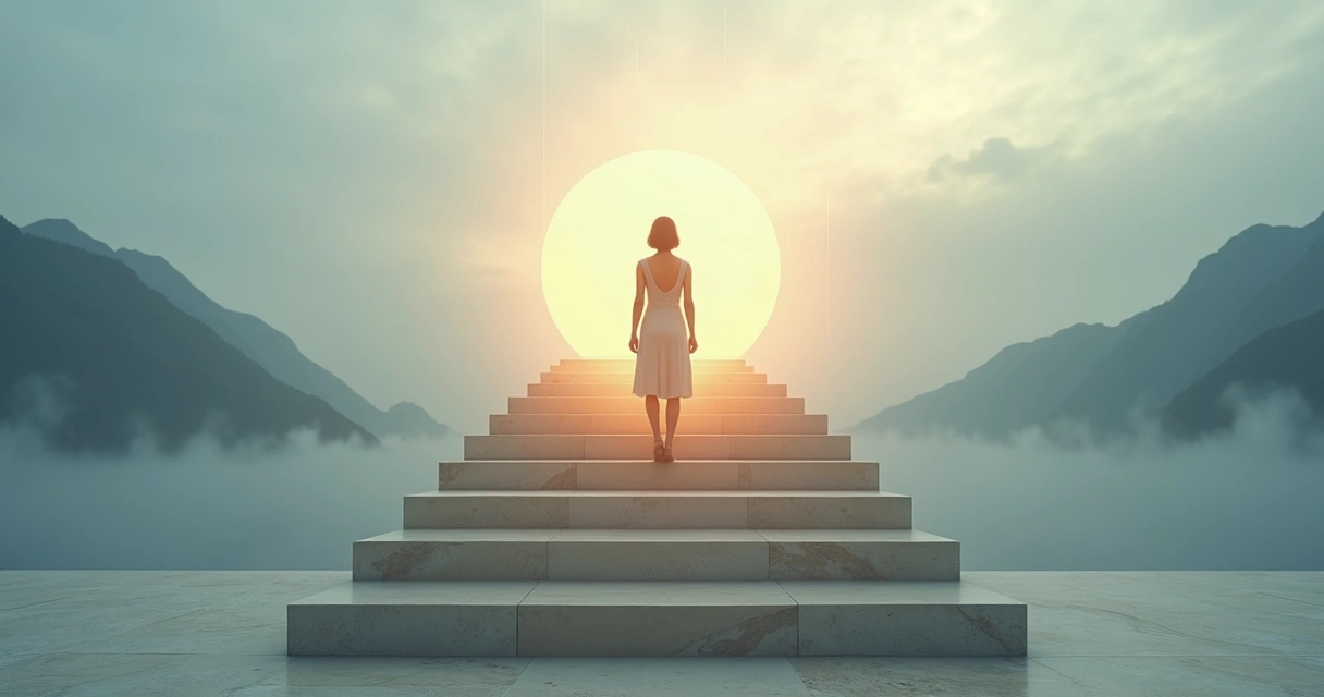Pessoa em pé diante de escada com sete degraus iluminados representando níveis de consciência 