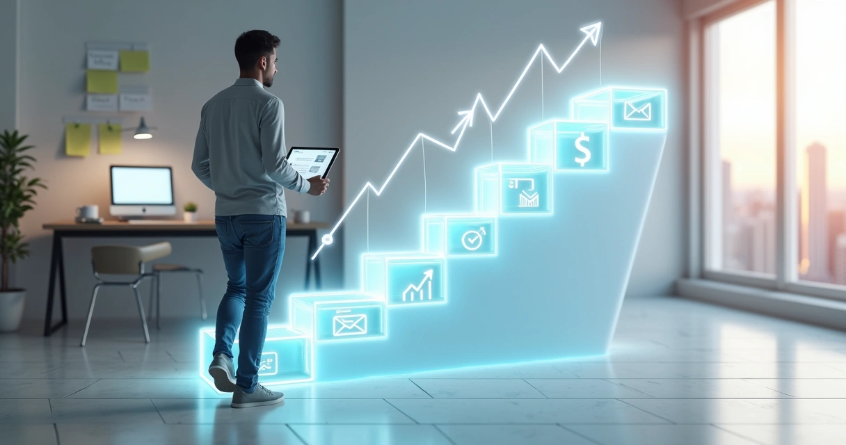 Afiliado subindo escada feita de blocos organizados com ícones de tarefas e metas 