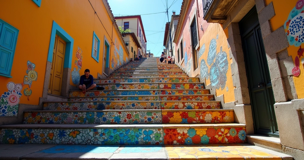 Escadaria decorada com azulejos coloridos no Beco do Batman 