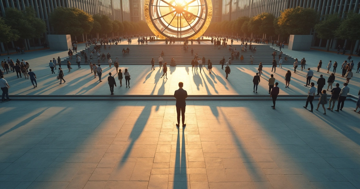 Pessoa em escadaria com relógio gigante equilibrando fluxo de multidões 