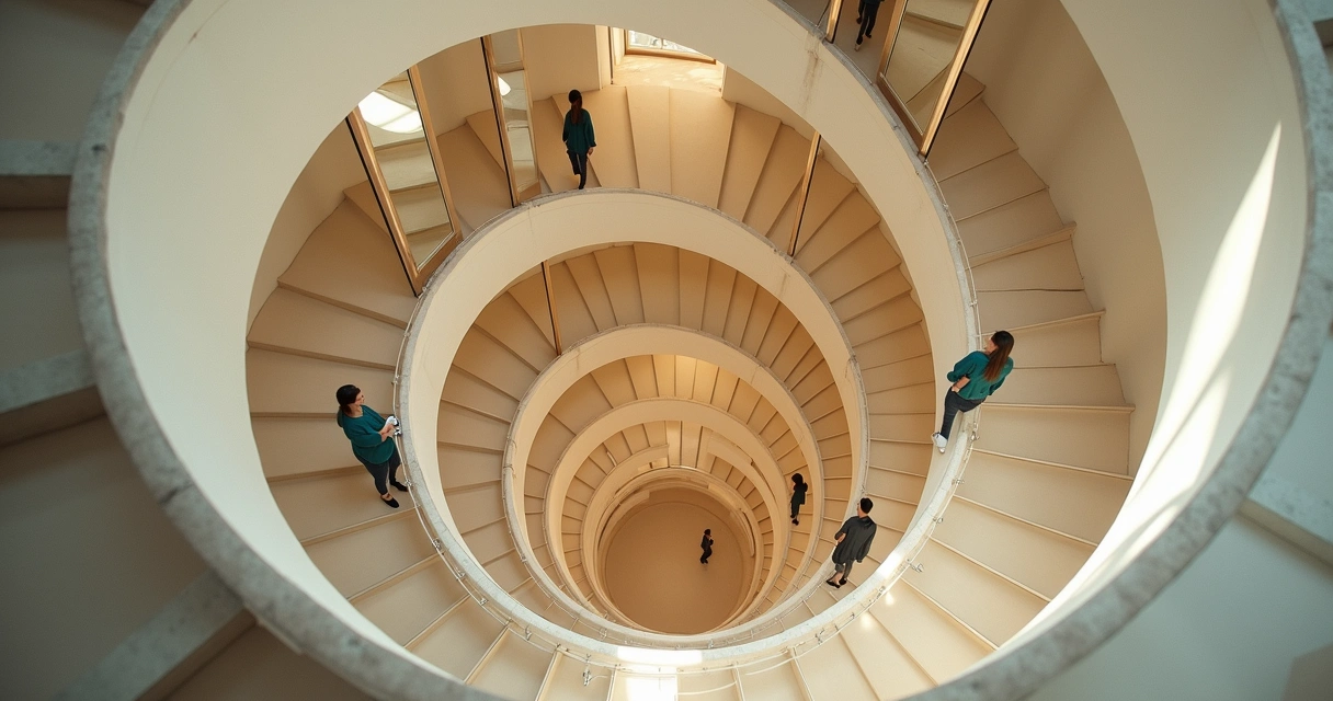 Pessoa em diferentes andares de uma escada circular vista de cima, refletida em vários espelhos 