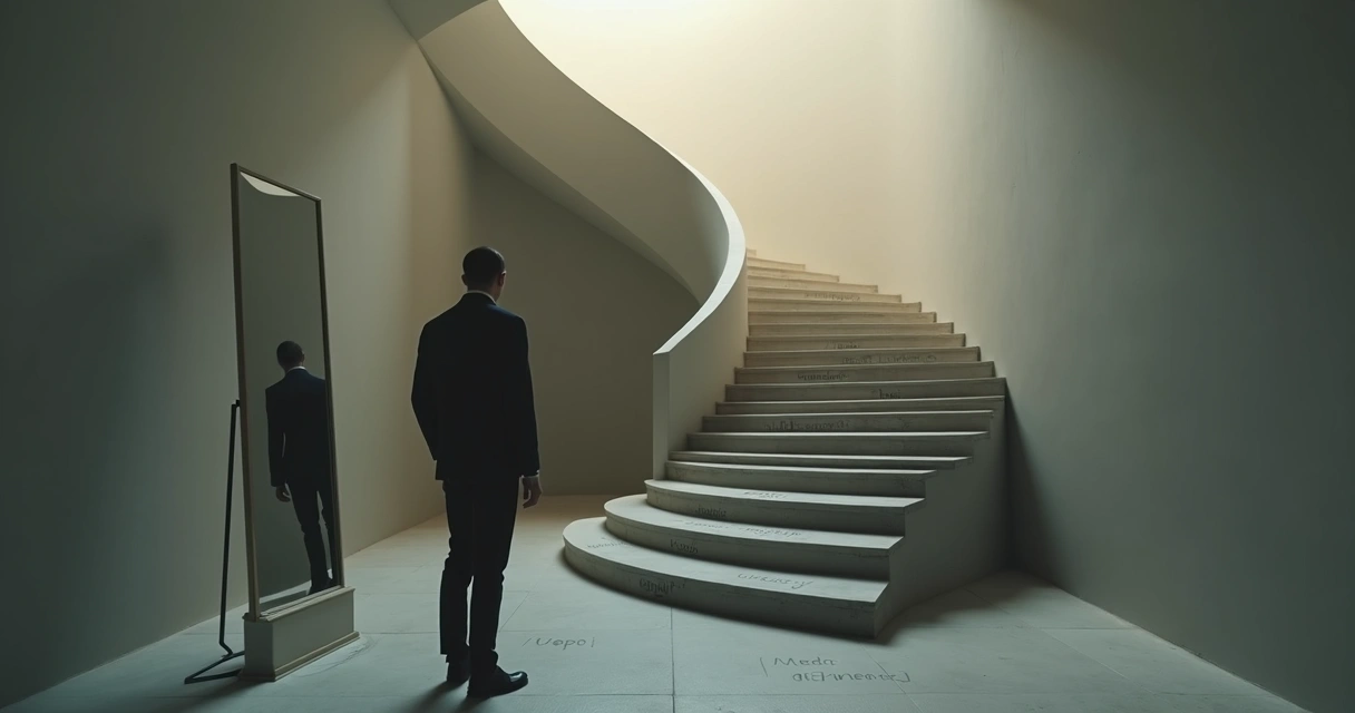 Pessoa diante de espelho distorcido ao pé de uma escada em espiral 