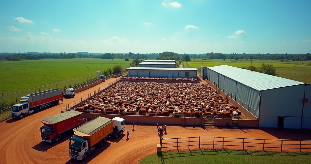 Frigorífico com bois em fila no curral de espera 