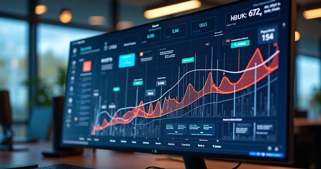 Plataforma digital mostrando automação de ABM escalando campanhas para várias empresas, tela com gráficos ascendentes