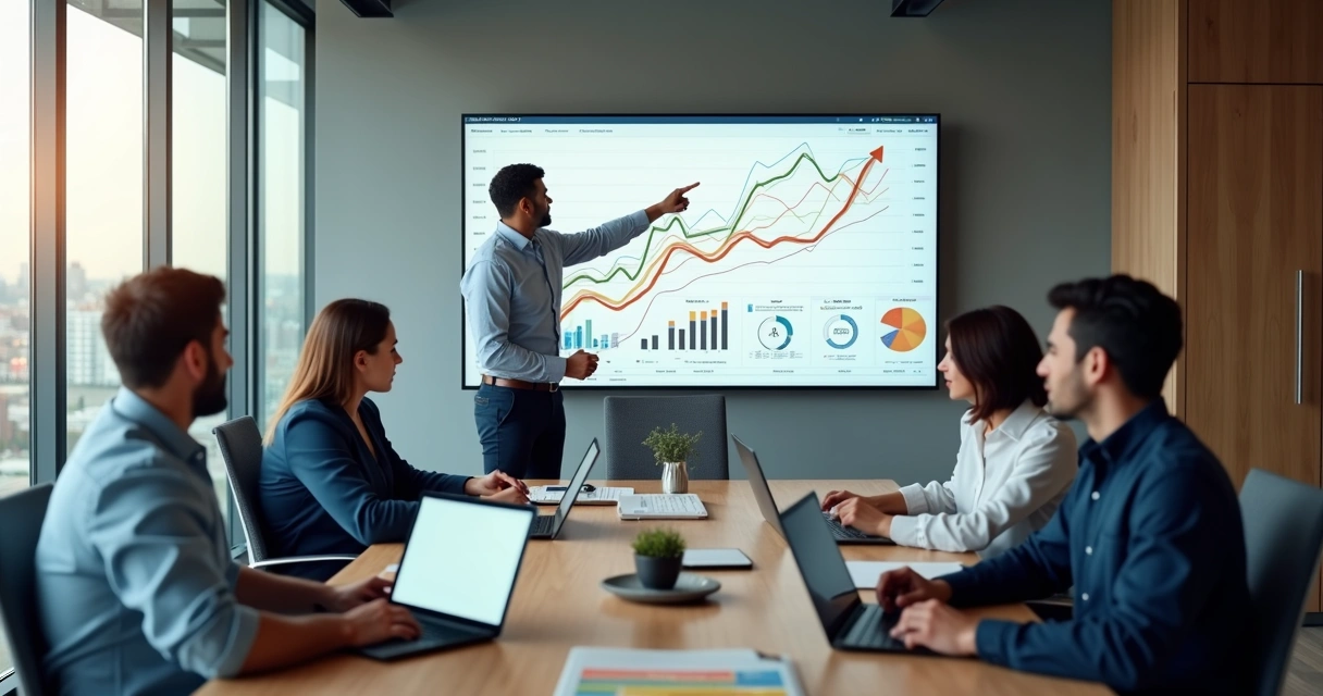 Equipe de agência digital analisando gráficos de crescimento em tela gigante 