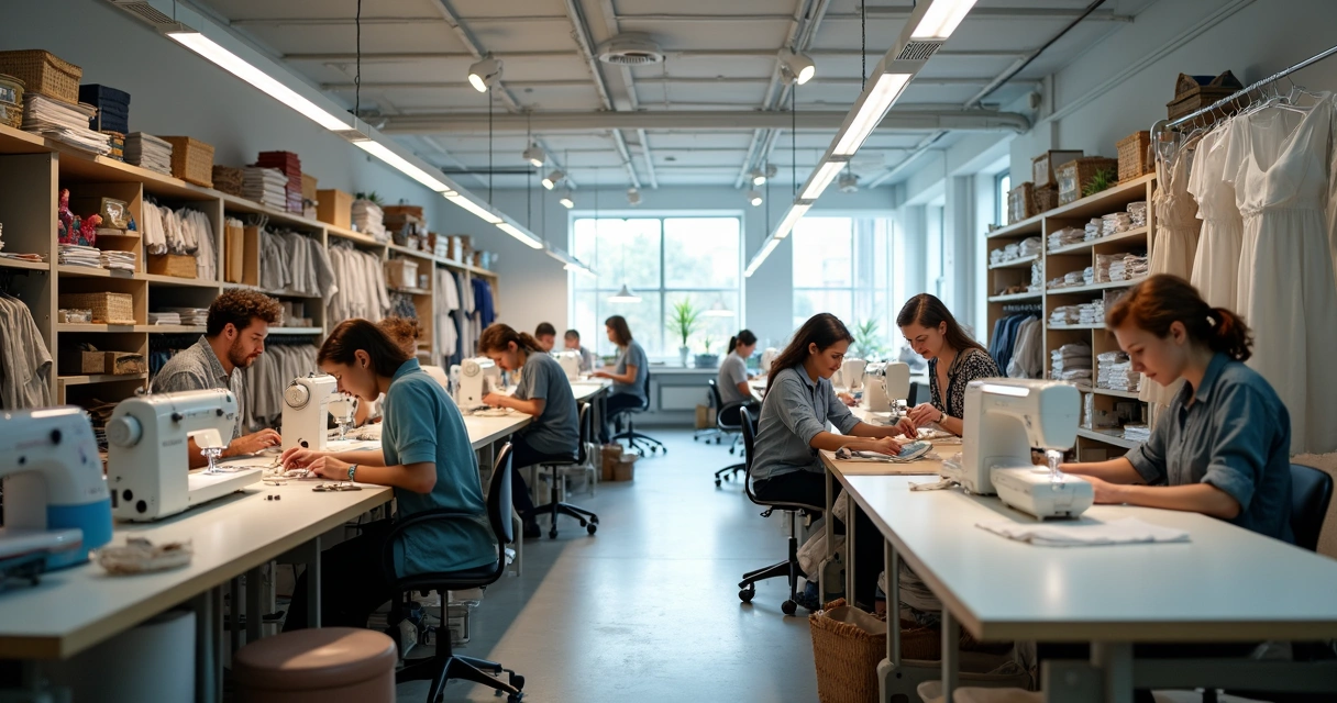 Oficina de costura maior, várias pessoas trabalhando em máquinas de costura 