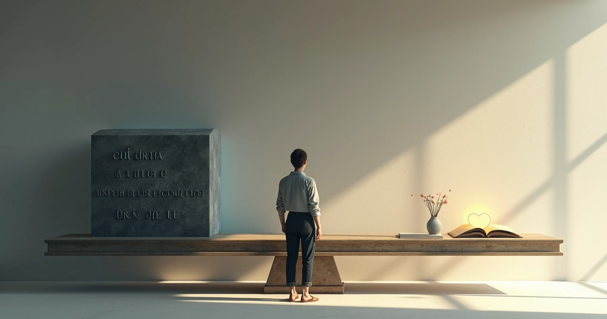 Persona observando una enorme balanza donde la autocrítica pesa más que el cuidado personal 