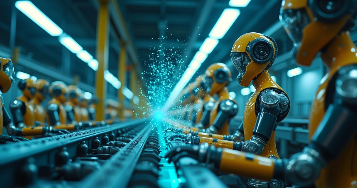 Linha de montagem automatizada com robôs e dados digitais circulando 