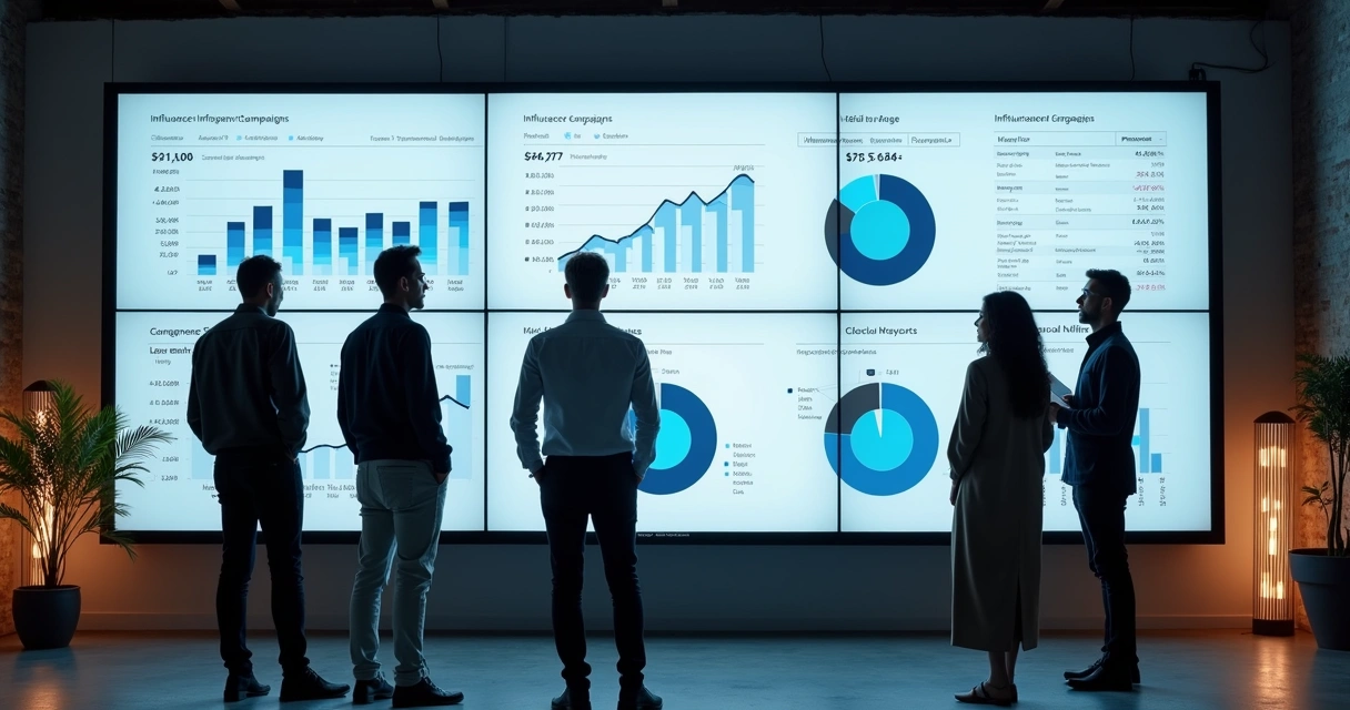 Equipe observando várias campanhas de influenciadores em painel digital 