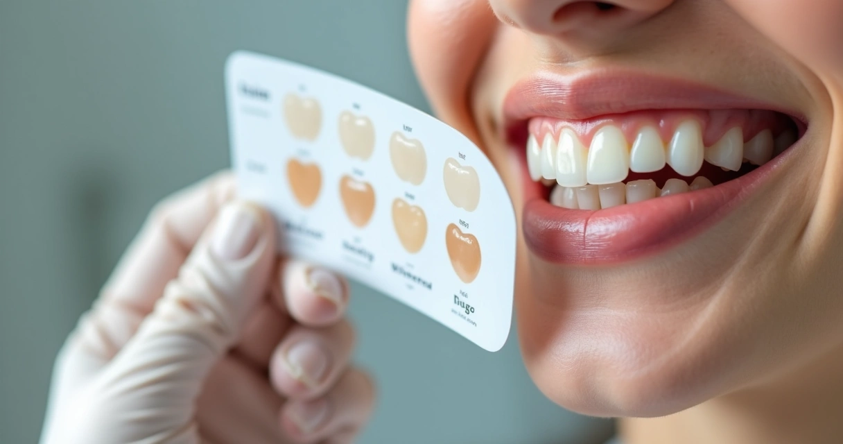 Escala de cor dental ao lado de sorriso clareado