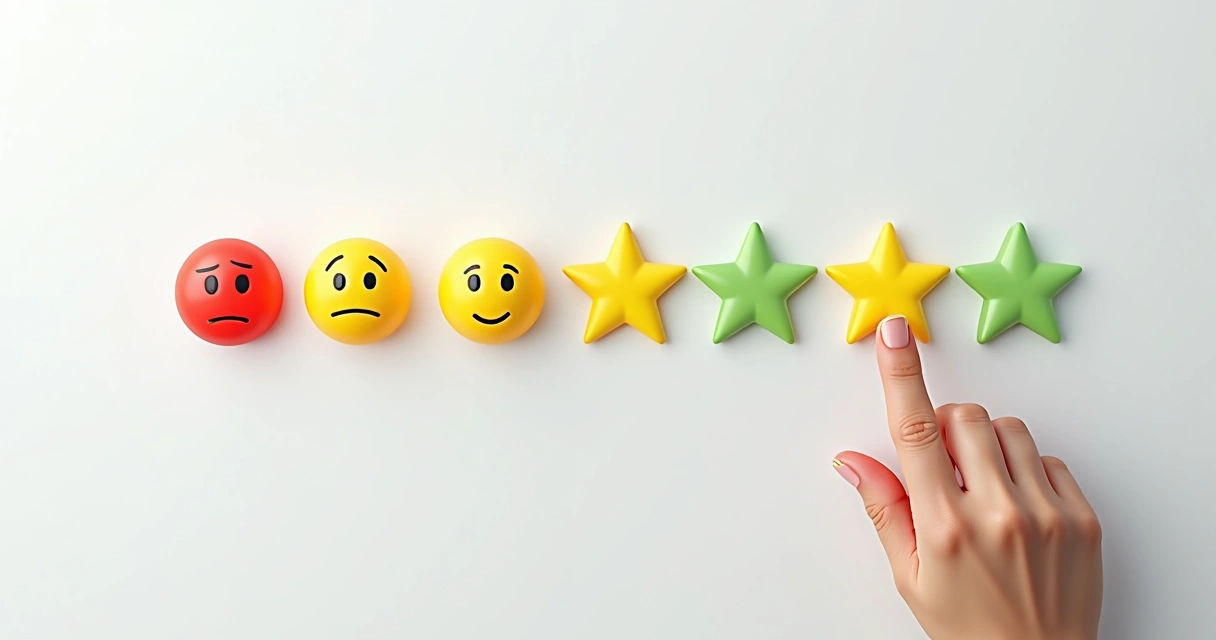 Escala de satisfação do cliente com cinco estrelas e emojis diversos 