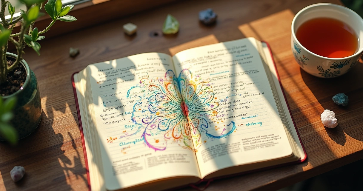 Caderno aberto com anotações e desenhos de energia 