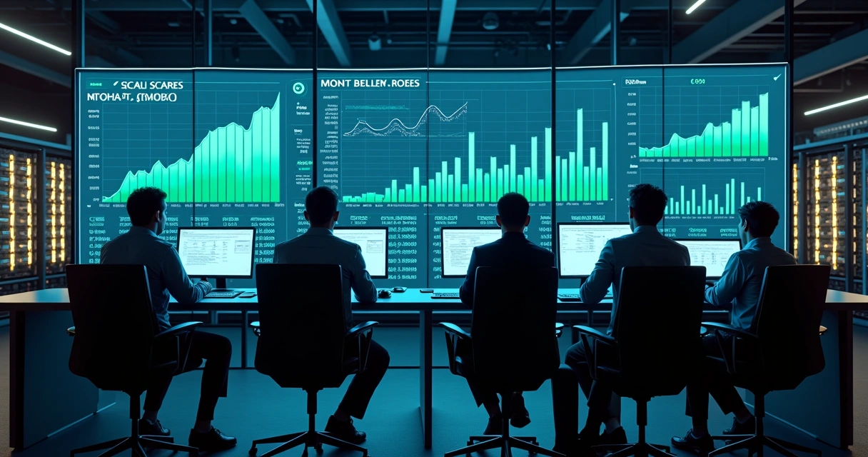 Equipe de TI monitorando servidores com gráficos de volume crescente