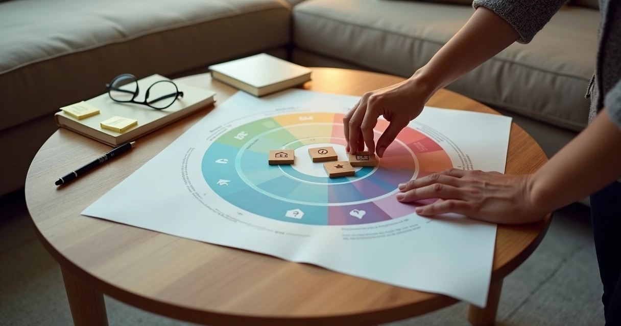 Manos colocando fichas de colores en una escala circular de impacto emocional 