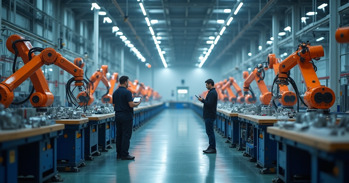 Interiores de uma fábrica com várias linhas de produção em operação