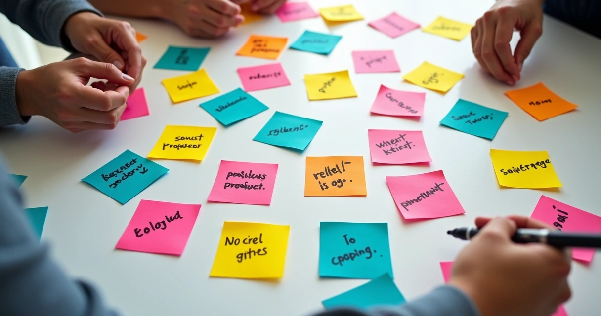 Círculos com diferentes perguntas de escala Likert organizados em um quadro branco 