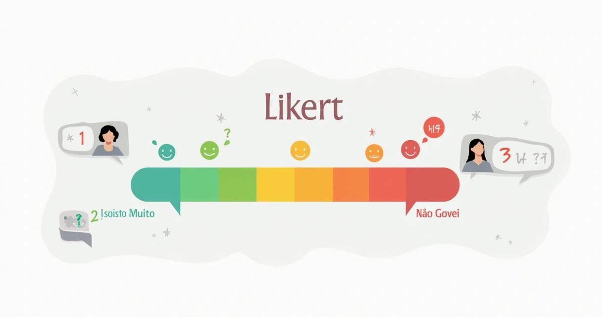 Ilustração da escala Likert com opções de feedback de feliz a triste, pessoas dando opiniões.
