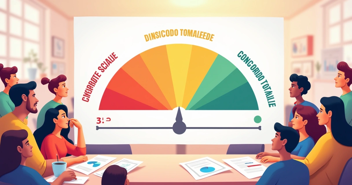Ilustração colorida de uma escala Likert, com pessoas refletindo suas respostas em um ambiente de pesquisa.