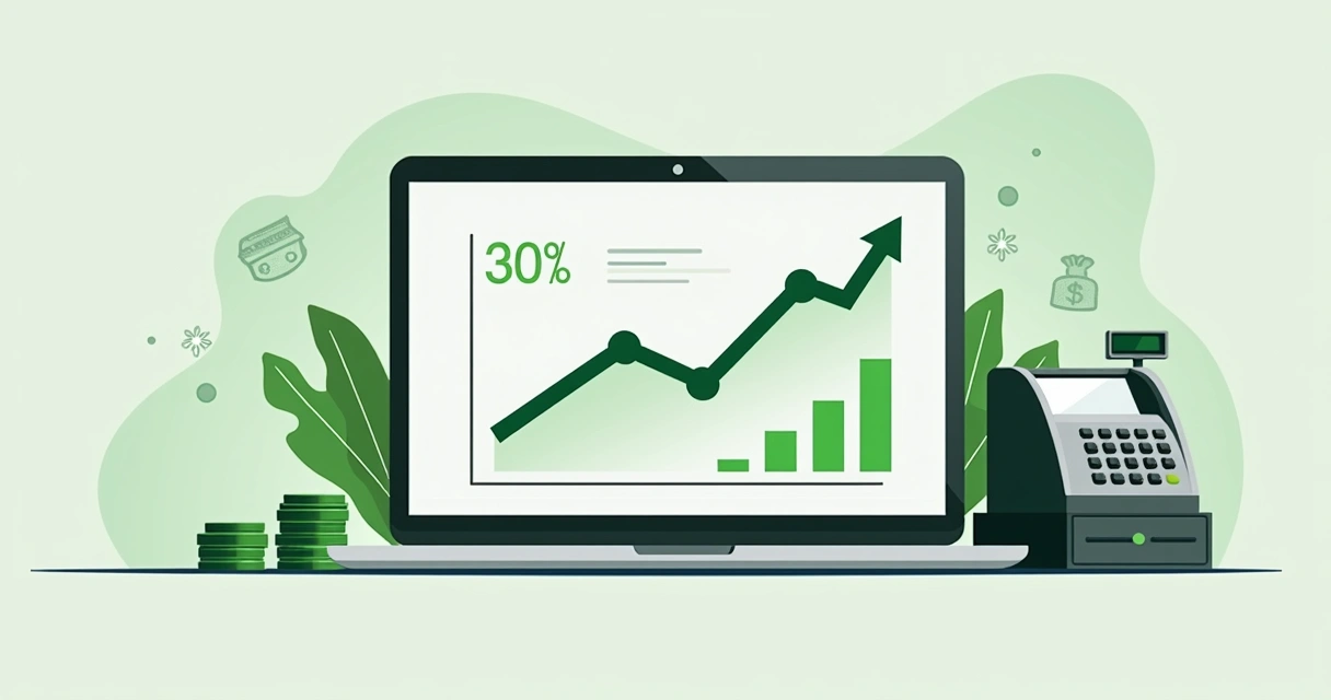 Gráfico de crescimento de vendas de uma loja virtual apenas até metade, mostrando um laptop, dados e caixa registradora ao fundo 
