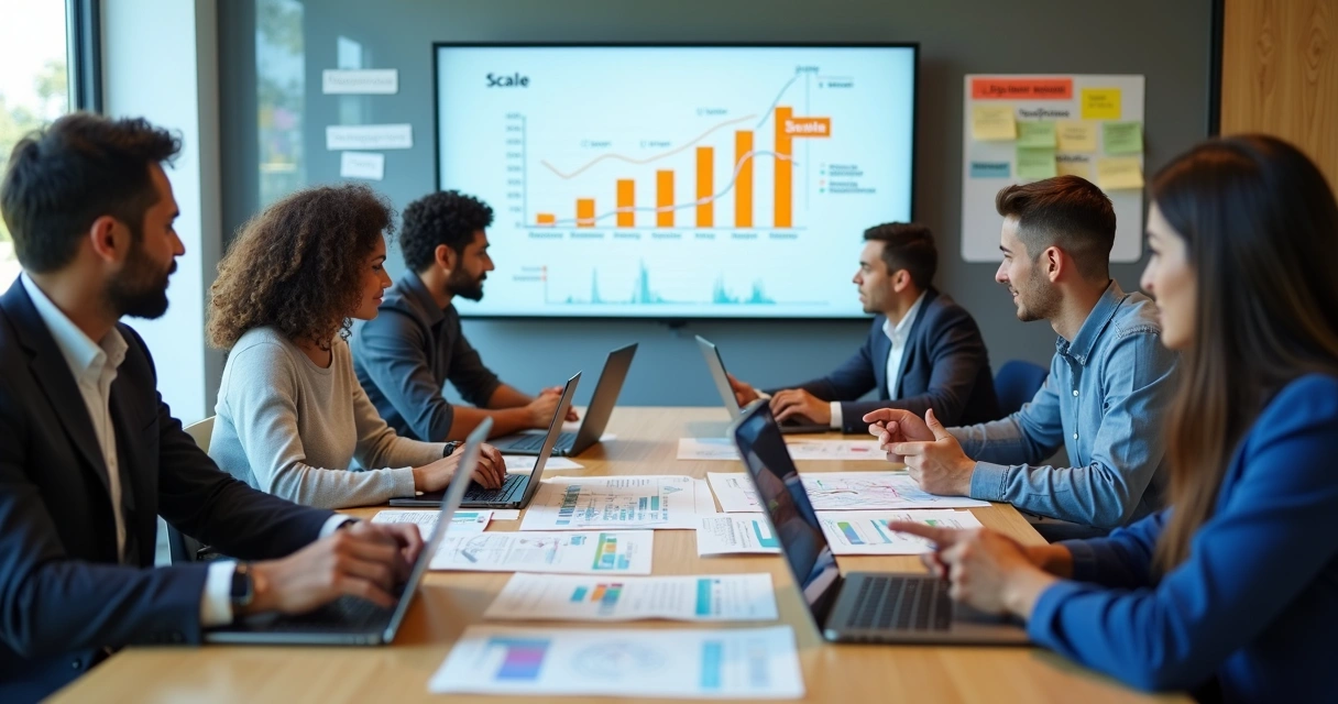 Equipe de serviços planejando como escalar o negócio com uso de tecnologia e dados 