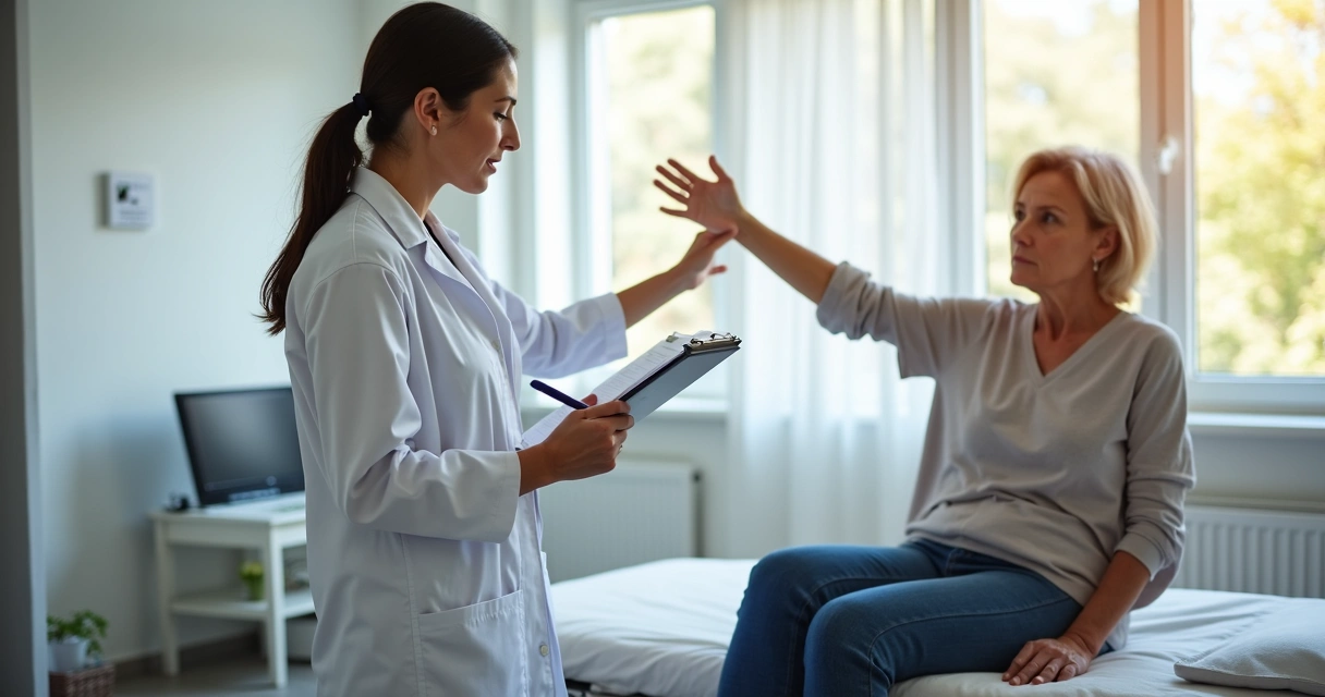 Fisioterapeuta avaliando paciente com teste motor em clínica 