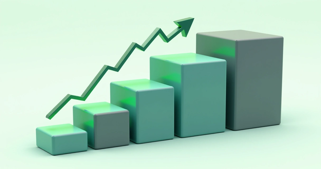 Gráfico de crescimento e camadas de tecnologia no-code interligadas, sugerindo expansão 