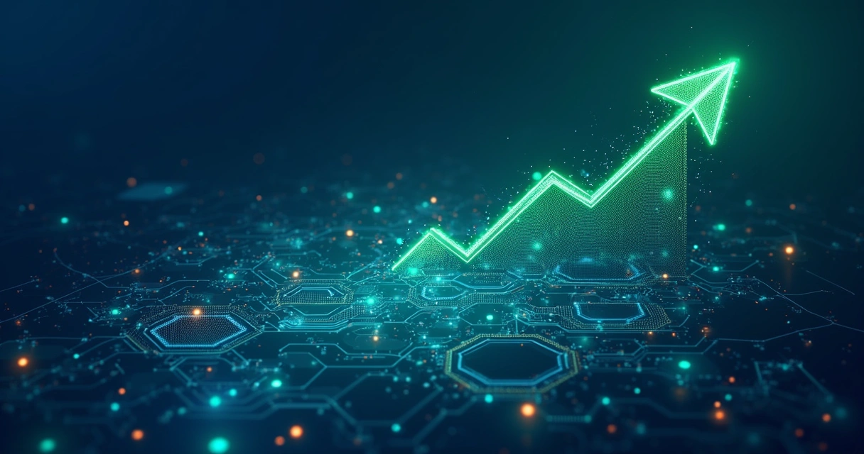 Estrutura tecnológica de plataforma de pagamentos com gráficos de crescimento 