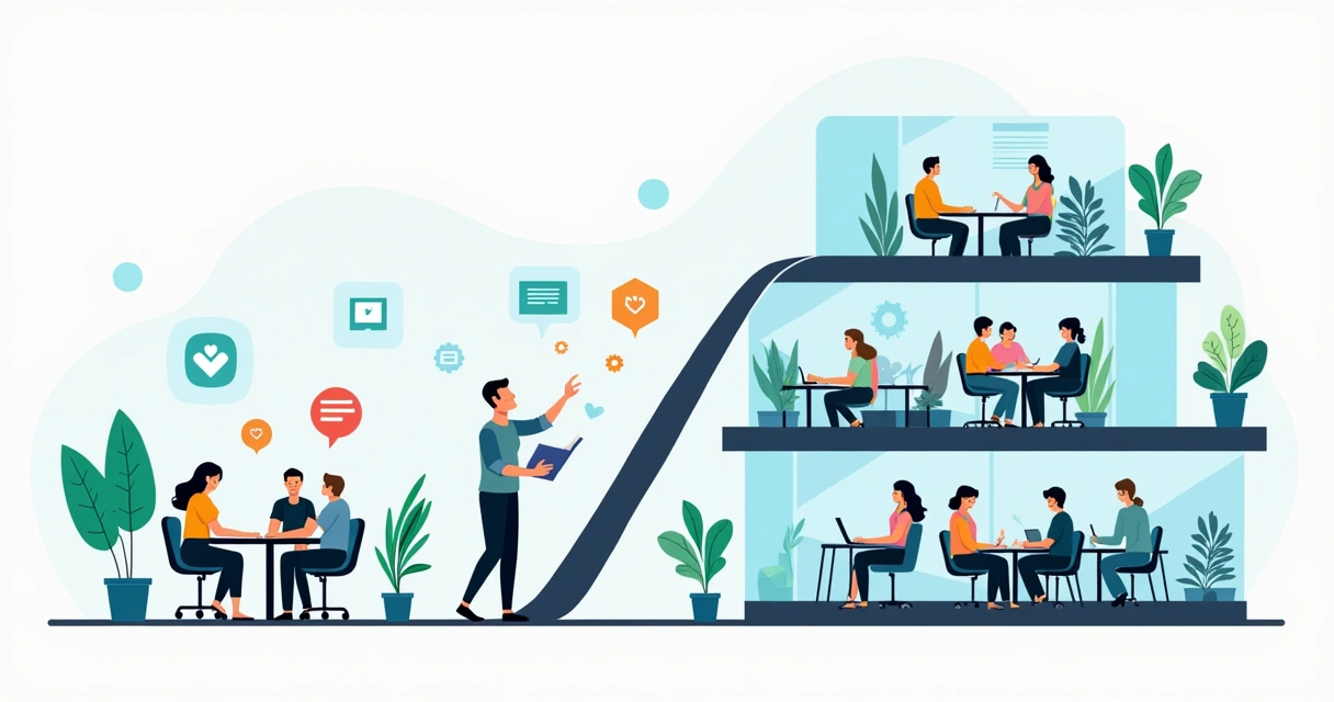 Ilustração de líder guiando pequena empresa crescendo sem perder qualidade e cultura 