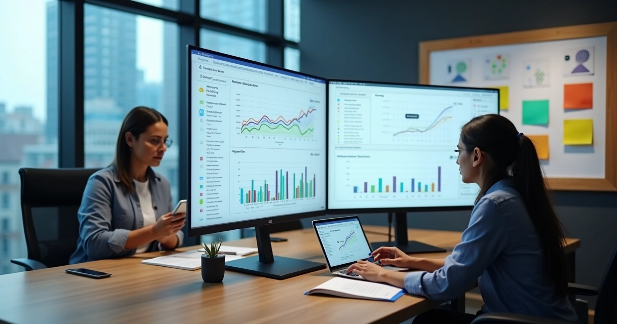 Equipe em escritório moderno gerenciando produção de conteúdo em escala com gráficos de desempenho em tela 