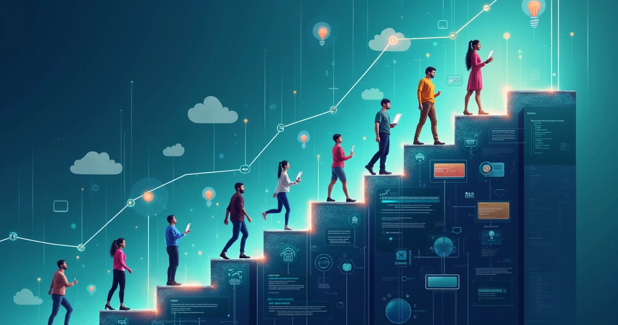 Gráfico de escada mostrando crescimento de um projeto digital, com pessoas subindo, marcando avanço e adaptação. 
