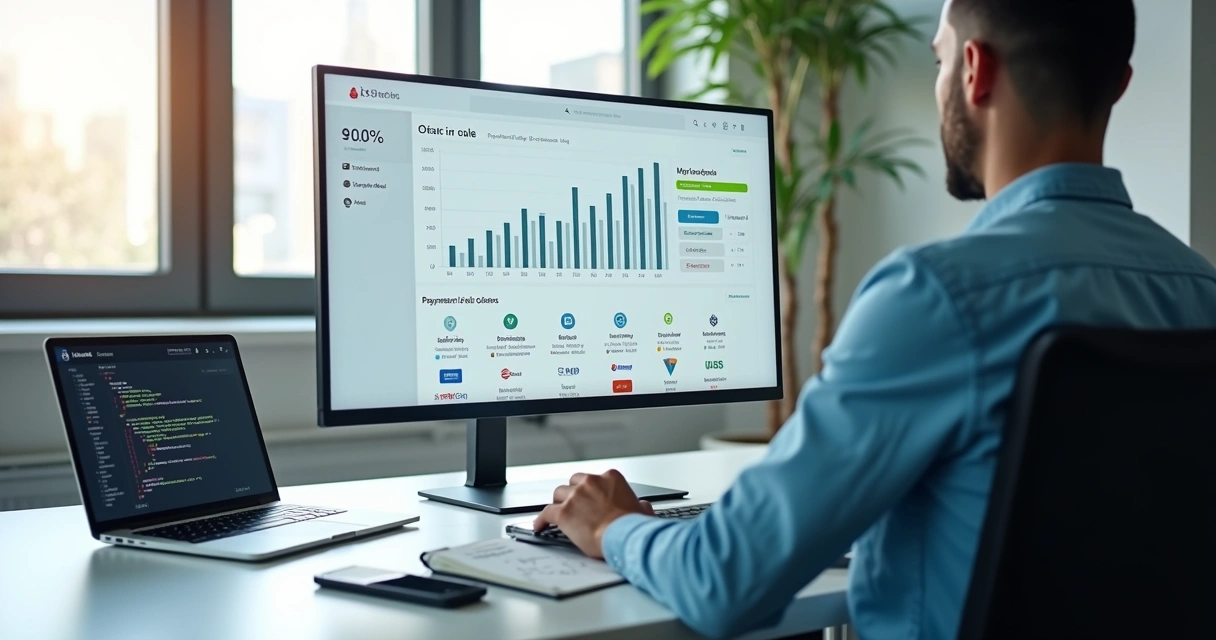 Painel de loja virtual Shopify exibindo gráfico de vendas em alta e múltiplos métodos de pagamento 